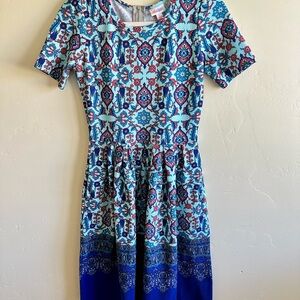 LuLaRoe Blue and Red Casual Fit and Flare Midi Dress